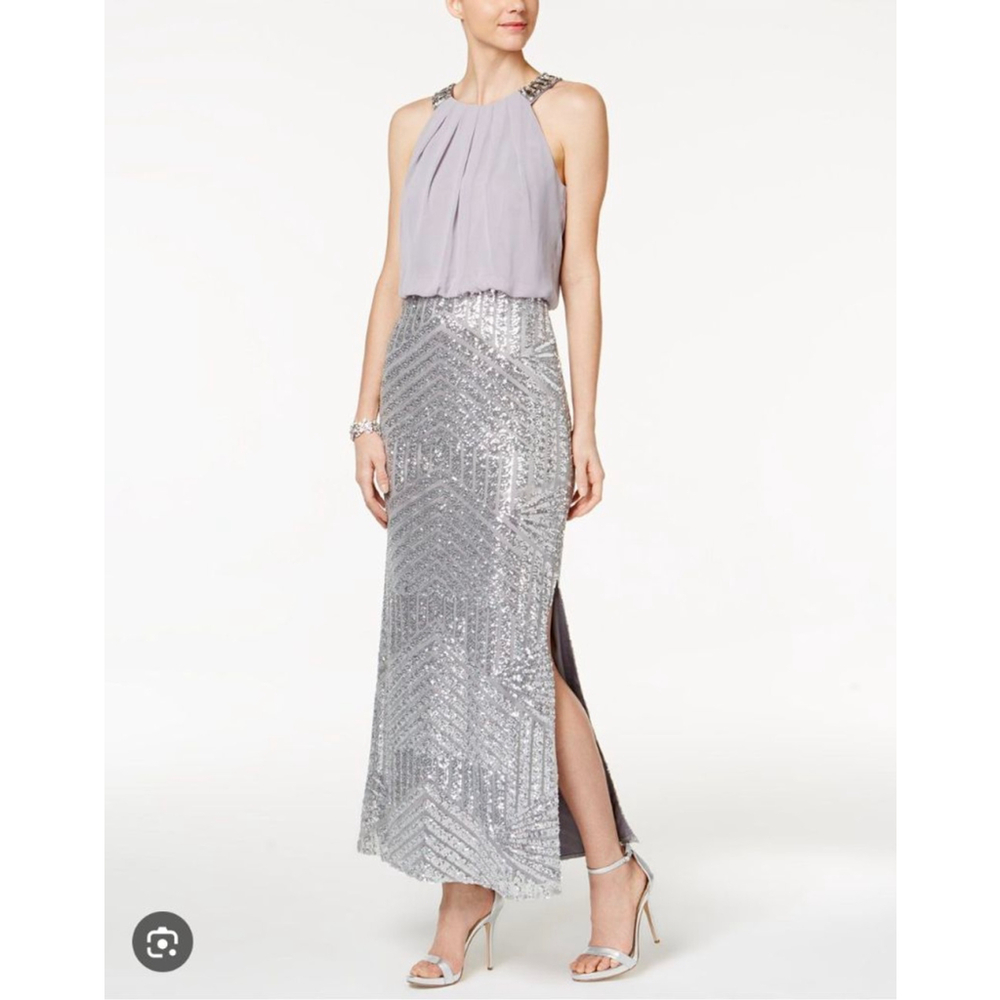 Vince Camuto Geo Embellished Maxi Dress, Size 4, Silver & Gray